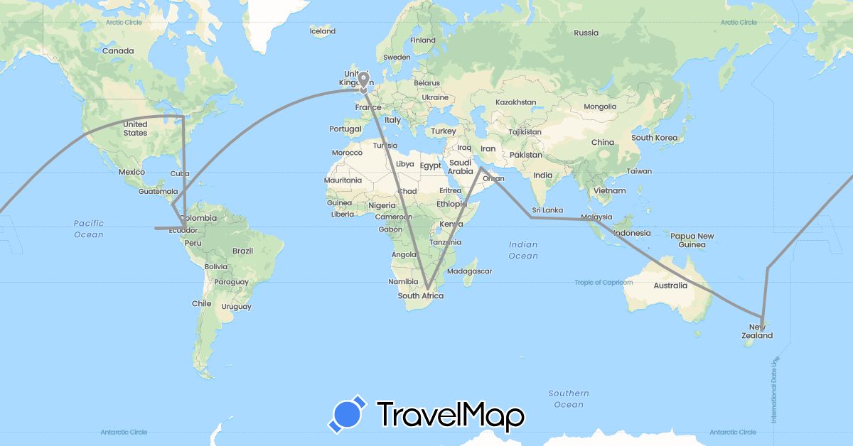 TravelMap itinerary: driving, plane in Australia, Canada, Costa Rica, Ecuador, Fiji, United Kingdom, Maldives, Malaysia, New Zealand, Qatar, United States, South Africa (Africa, Asia, Europe, North America, Oceania, South America)